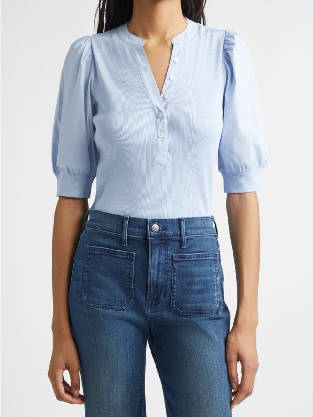 Veronica Beard Sea Glass Mixed Media Henley Style Ribbed Puff Sleeve Coralee Top